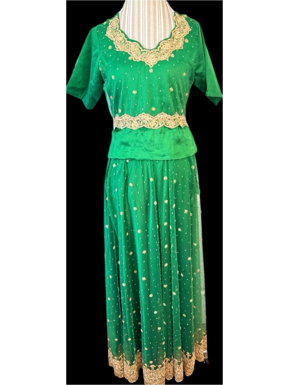 Vintage Green Silk Indian Lehenga choli Zari Wedding Party Top/Skirt M/L